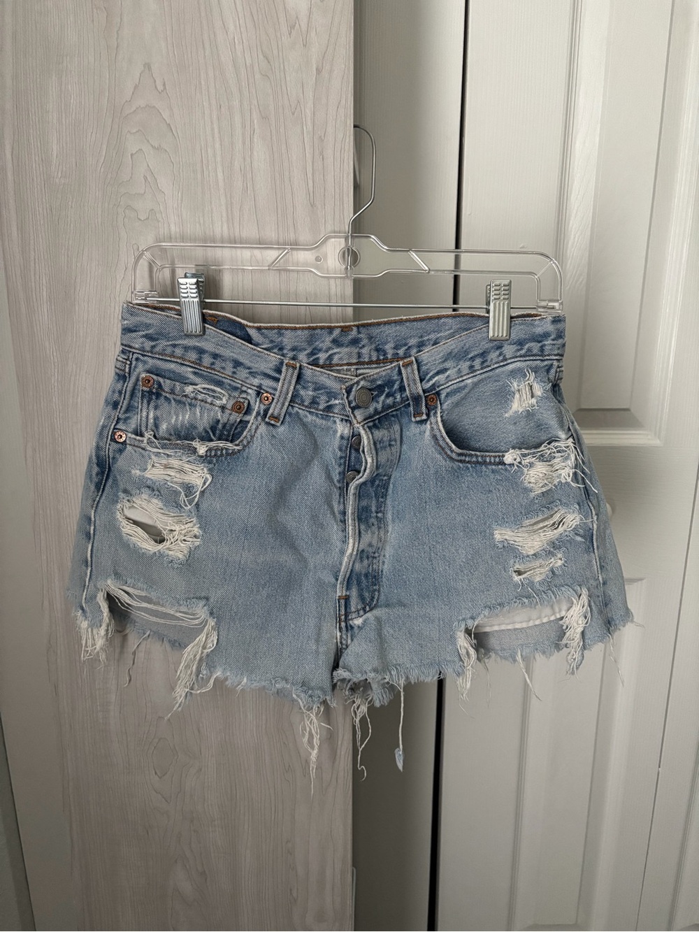 Levi's 501 Light Blue Distressed Denim Cutoff Shorts - Waist 32